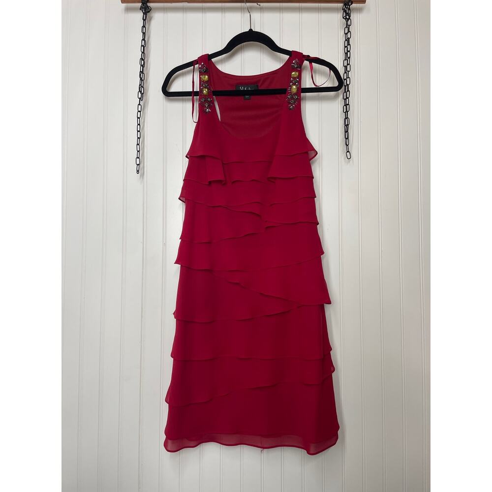 S.L. Fashions Red Cocktail Mini Dress Tiered Jeweled Racerback Holiday Dance 10